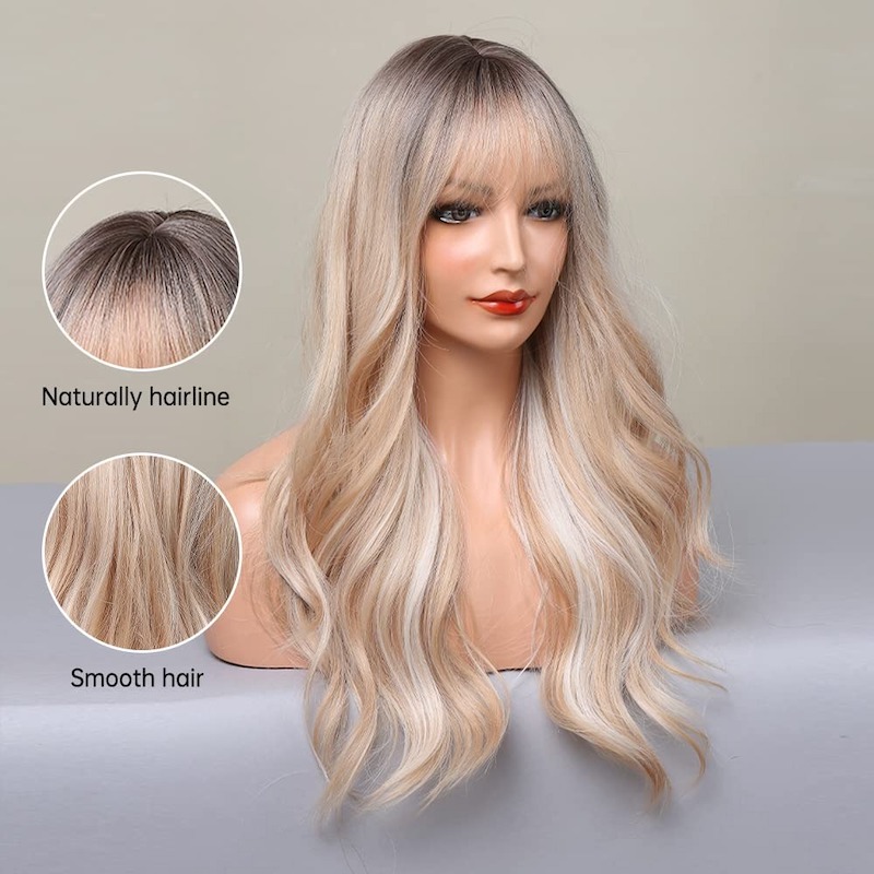 Blonde Mixed White Wave Wig with Bangs Dark Roots Curly Synthetic Fiber Wigs