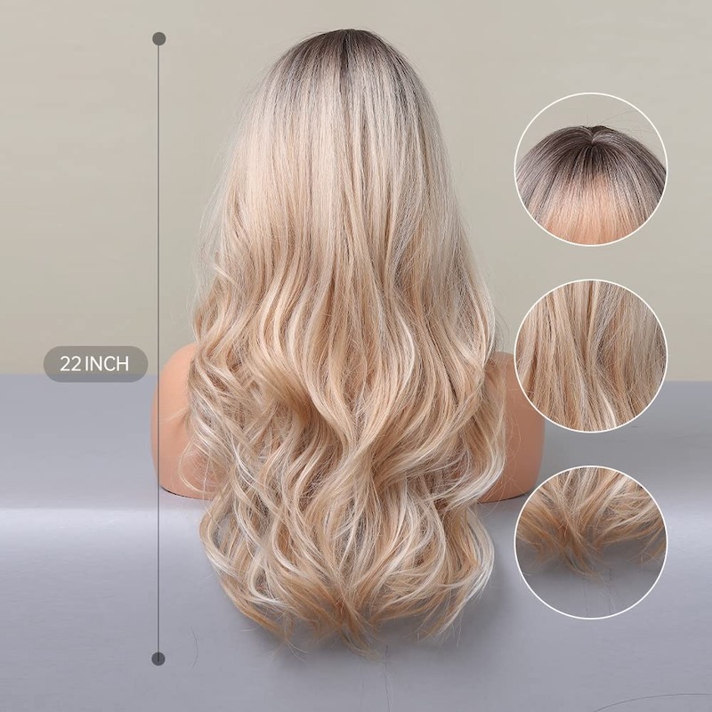 Blonde Mixed White Wave Wig with Bangs Dark Roots Curly Synthetic Fiber Wigs