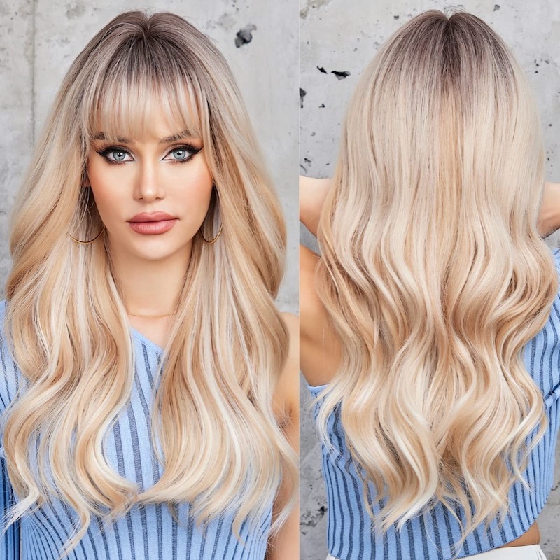 Blonde Mixed White Wave Wig with Bangs Dark Roots Curly Synthetic Fiber Wigs