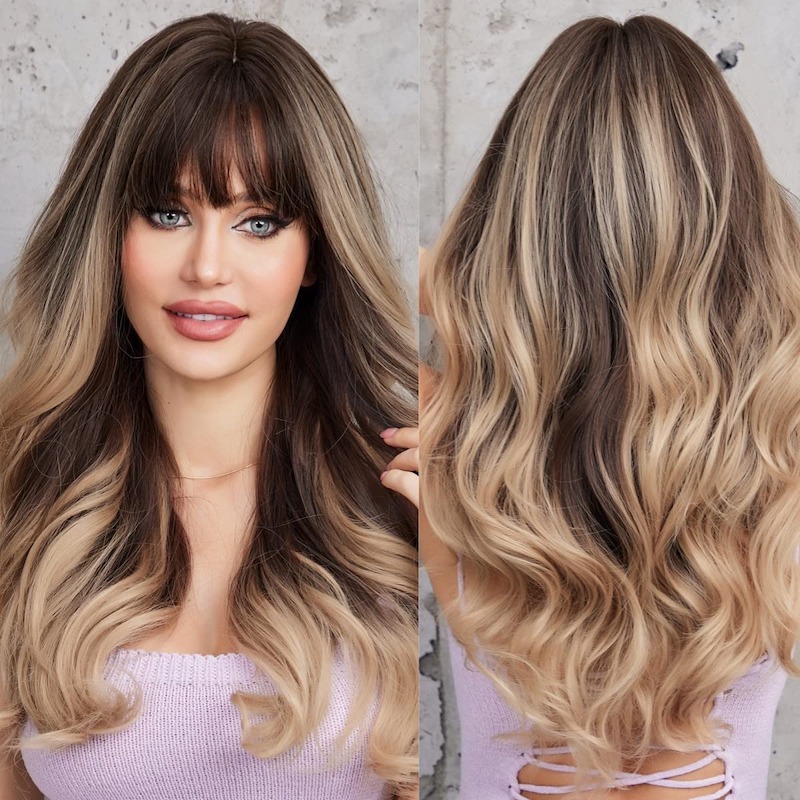 Blonde Wave Wig Ombre Gray with Bangs Dark Roots Synthetic Curly Wig