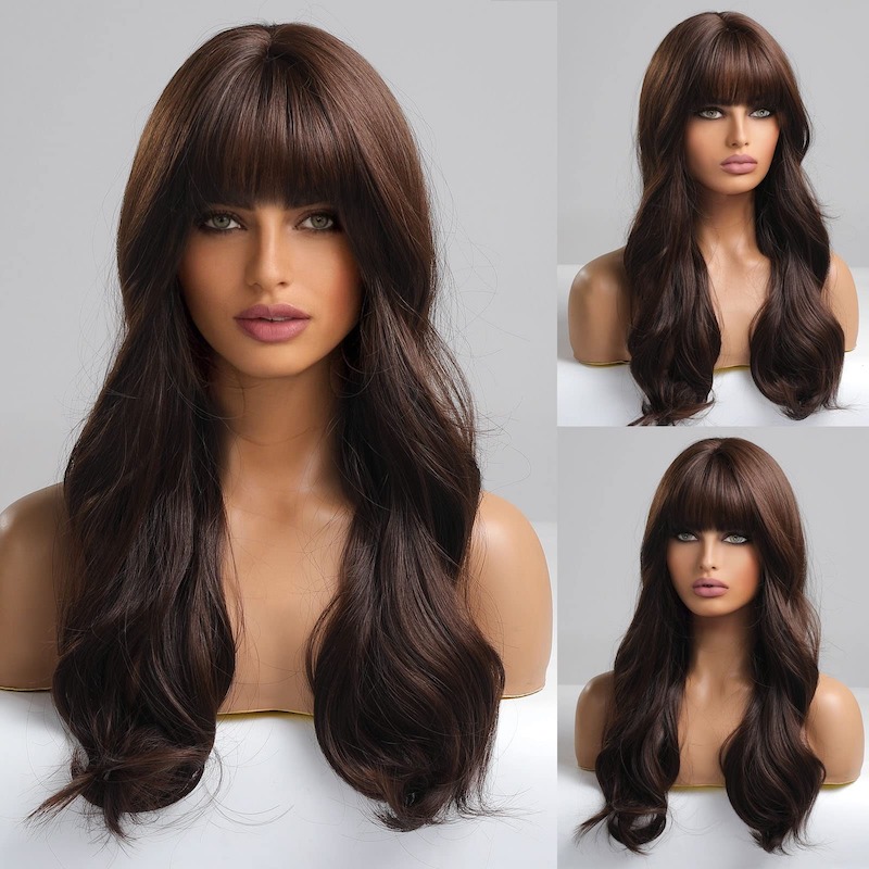 Brown Wig with Bangs Body Wave Wig Synthetic Wigs Natural Looking