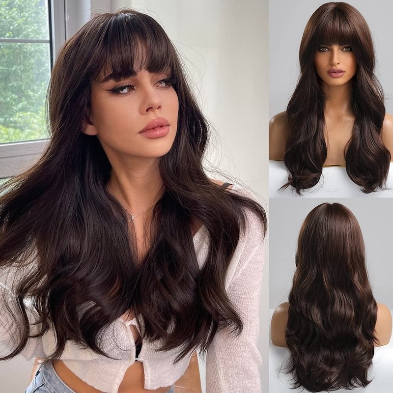 Brown Wig with Bangs Body Wave Wig Synthetic Wigs Natural Looking