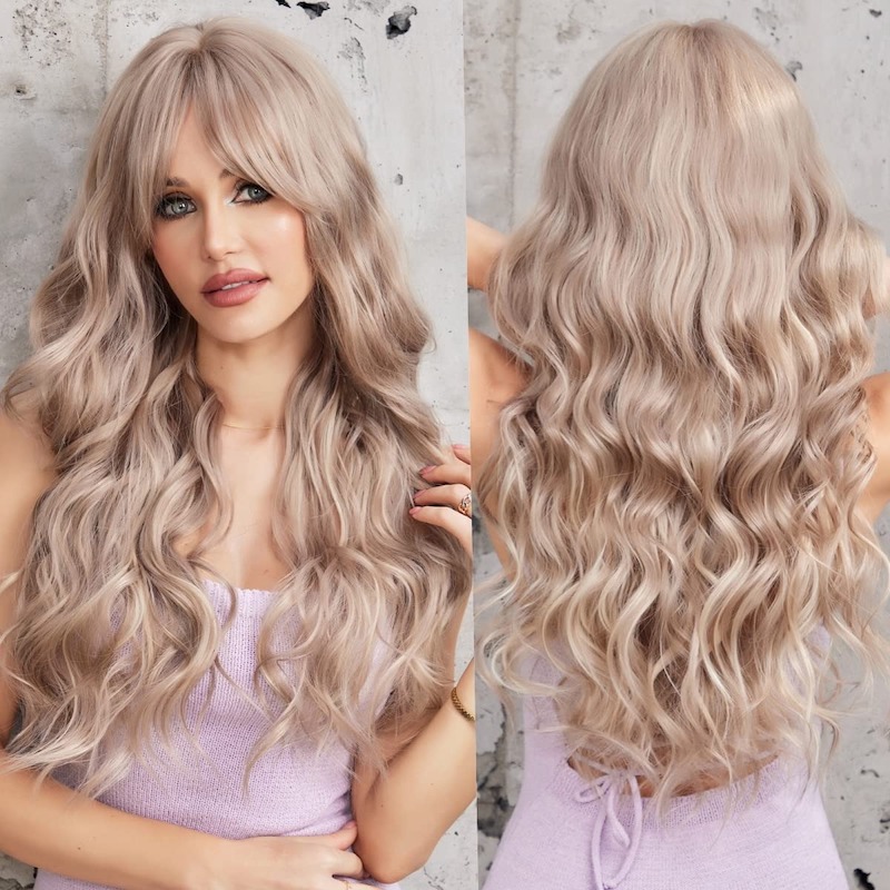 Curly Ash Blonde Wigs with Bangs for Women Synthetic Wavy Wigs