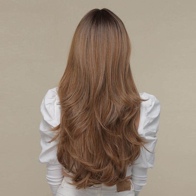 Curly Ash Brown Wigs with Bangs Heat Resistant Synthetic Wavy Wigs