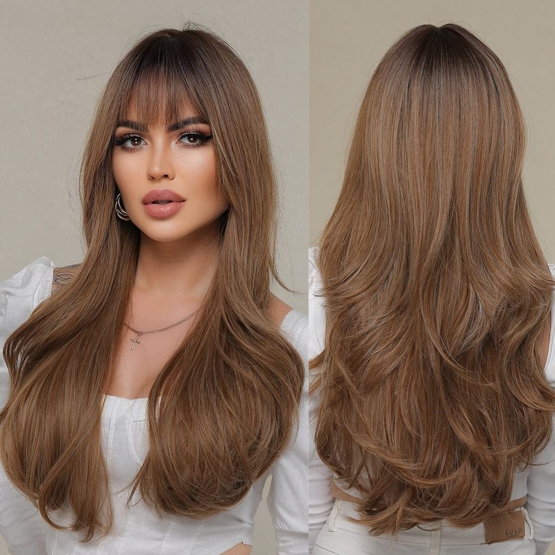 Curly Ash Brown Wigs with Bangs Heat Resistant Synthetic Wavy Wigs