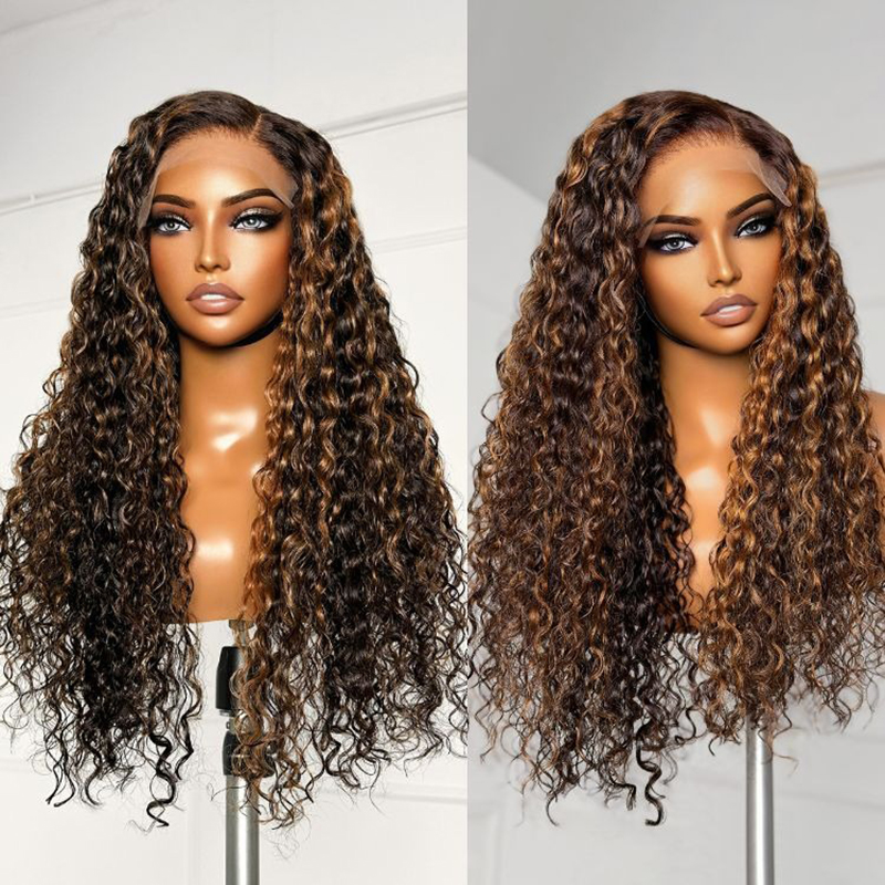 Curly Brown Highlights Glueless 5x5 Closure Lace Wigs Beginner Friendly