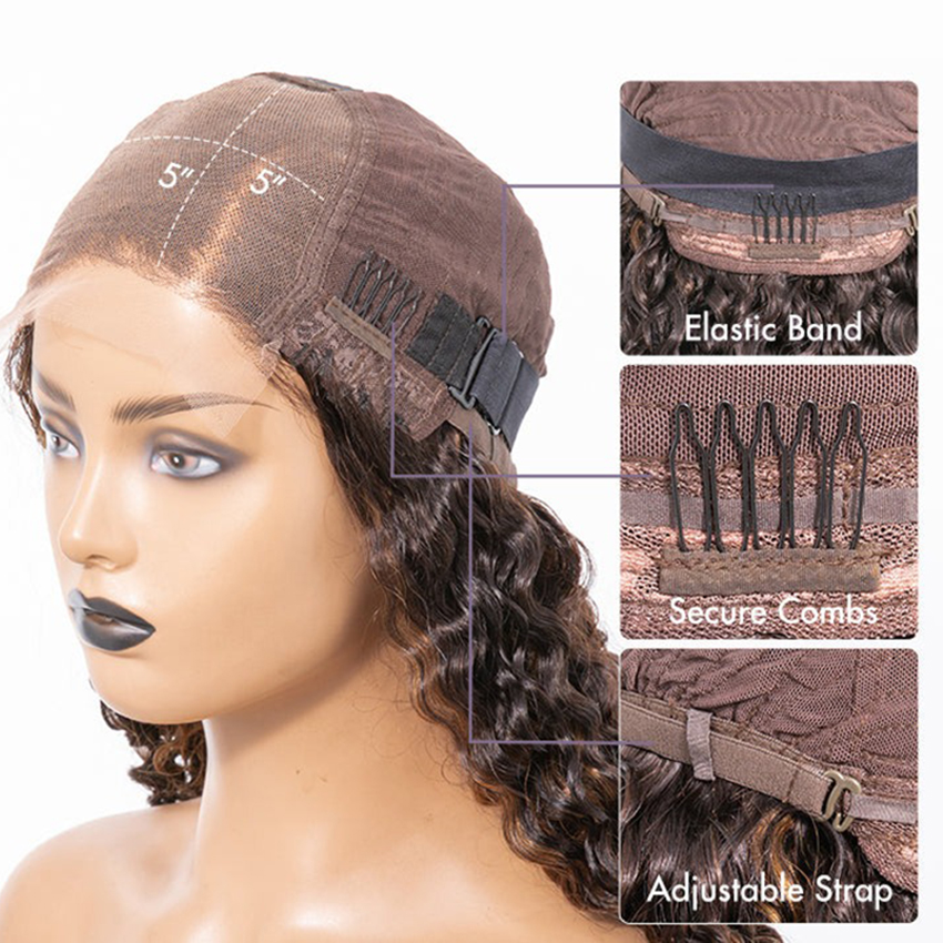 Curly Brown Highlights Glueless 5x5 Closure Lace Wigs Beginner Friendly