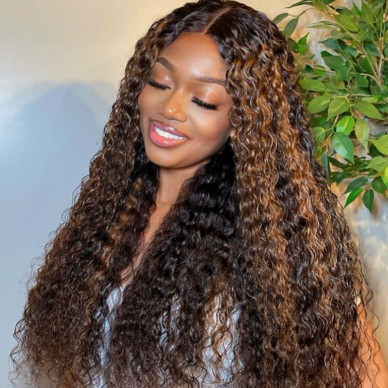 Curly Brown Highlights Glueless 5x5 Closure Lace Wigs Beginner Friendly