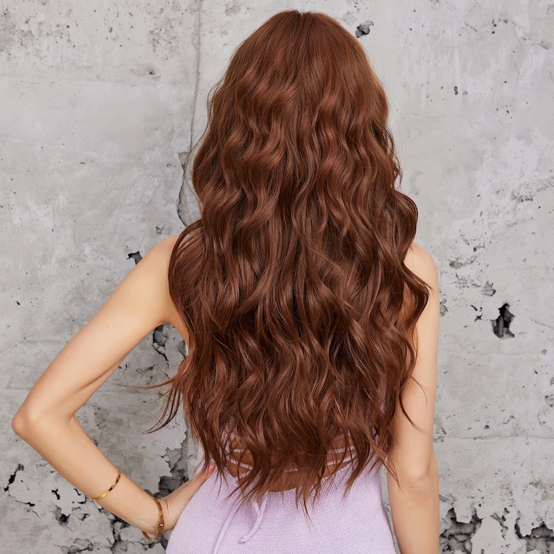 Curly Mocha Brown Wigs with Bangs Heat Resistant Synthetic Wavy Wigs