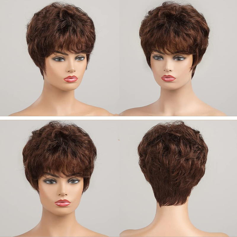 Dark Brown Wigs for Women Synthetic Pixie Curly Wig With Bang
