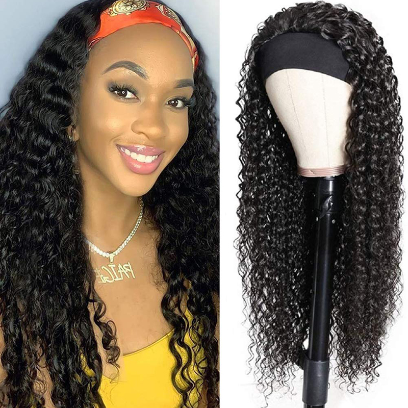 Deep Wave Headband Wigs Human Hair None Lace Wigs 150% Density With Baby Hair