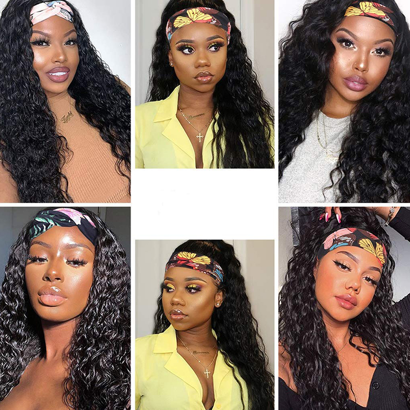 Deep Wave Headband Wigs Human Hair None Lace Wigs 150% Density With Baby Hair