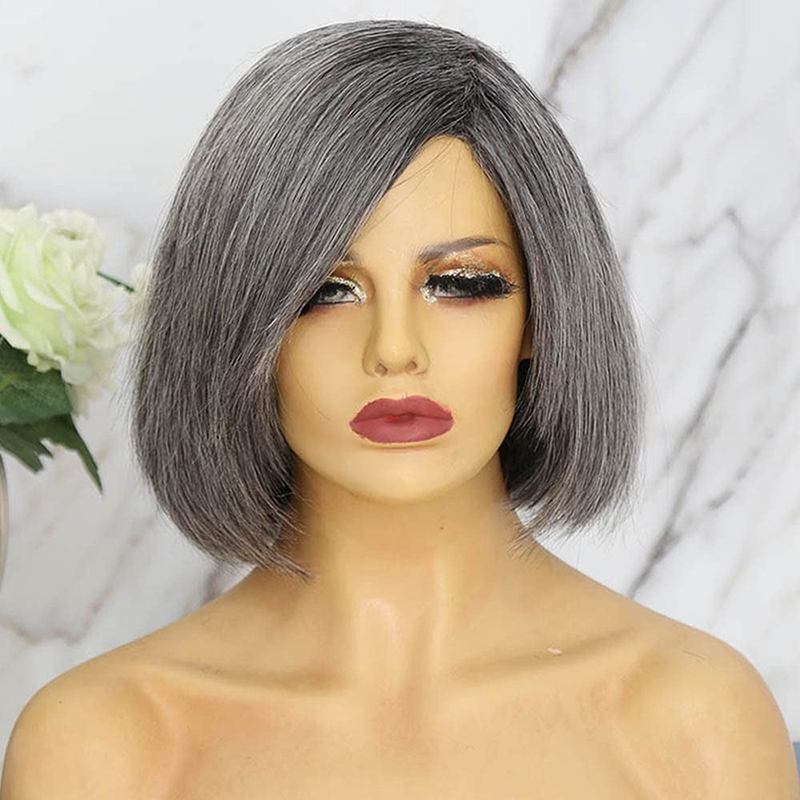 Grey Human Hair Bob Wig Straight Salt and Pepper Hair Wig 150% 10 Inch