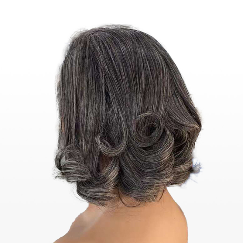 Grey White Highlight Wig Short Brown Bob Natural Wavy Wigs For Mom