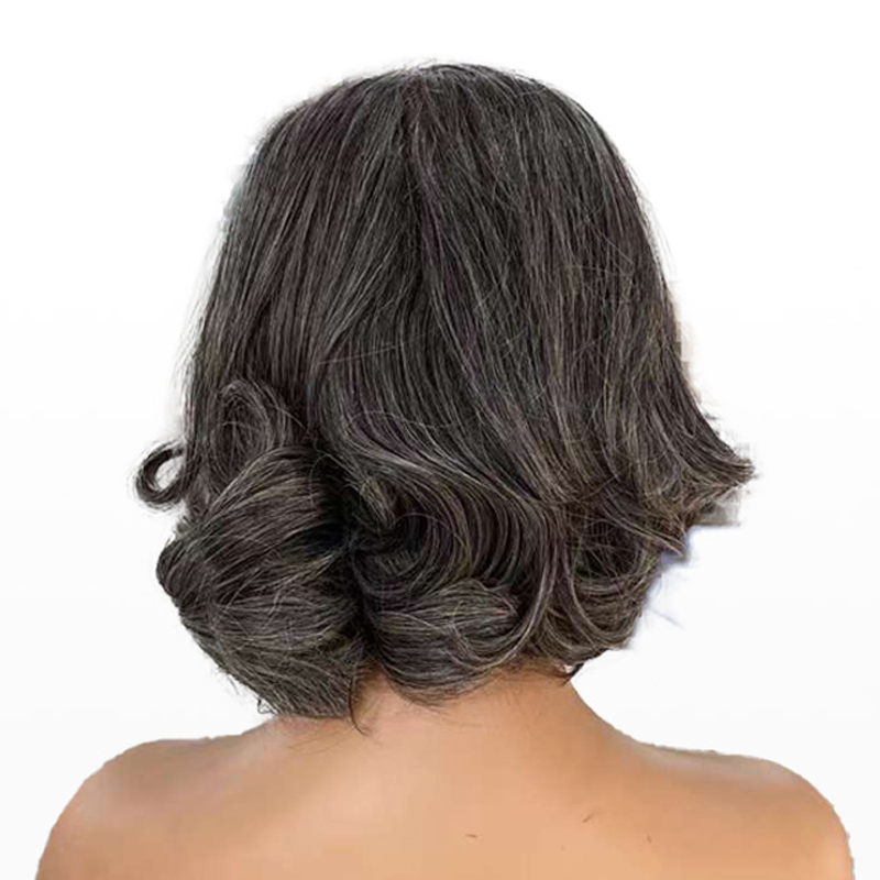 Grey White Highlight Wig Short Brown Bob Natural Wavy Wigs For Mom