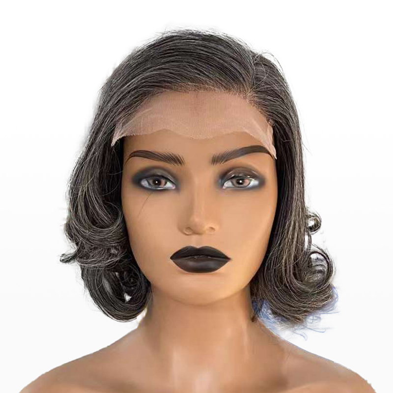 Grey White Highlight Wig Short Brown Bob Natural Wavy Wigs For Mom