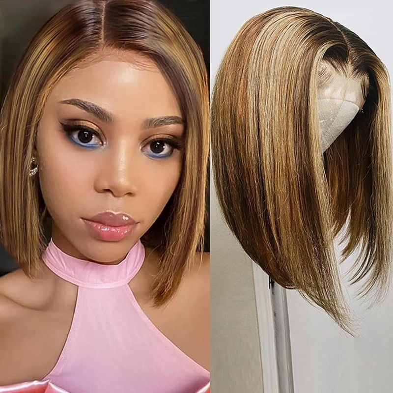 Highlight Bob Wig Human Hair Honey Blonde Bob Pre Plucked with Baby Hair