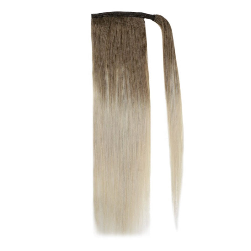 Human Hair Ponytail Extensions Balayage #8/60 Wrap Around Clip In 100G