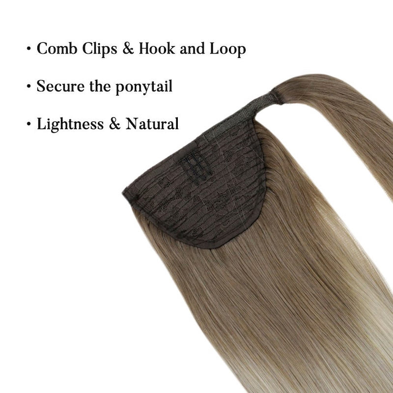 Human Hair Ponytail Extensions Balayage #8/60 Wrap Around Clip In 100G