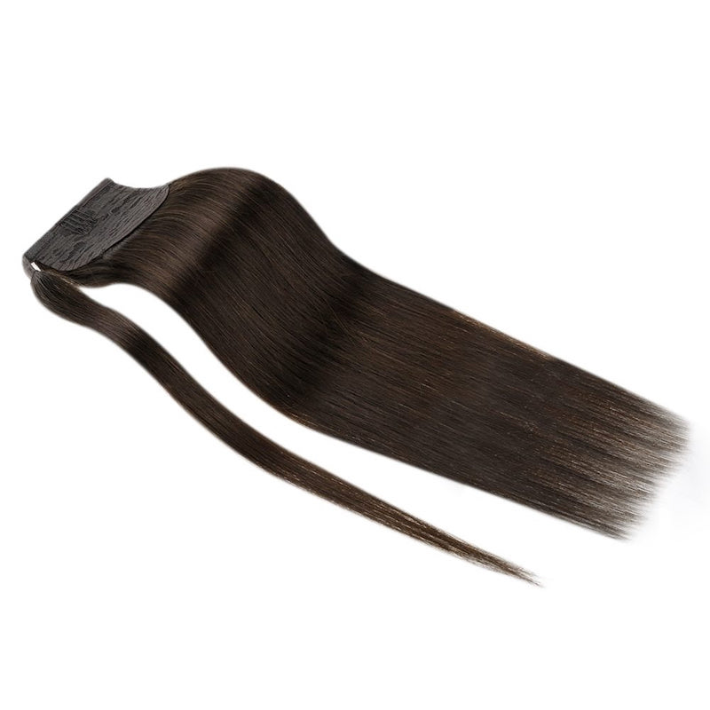 Human Hair Ponytail Extensions Wrap Around Clip In 100G #2 Darkest Brown