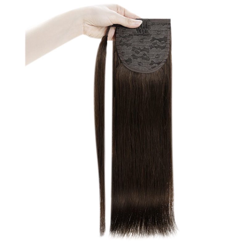 Human Hair Ponytail Extensions Wrap Around Clip In 100G #2 Darkest Brown