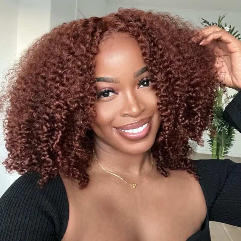 Human Hair Red Brown 13x4 Lace Front Kinky Curly Wig Pre-Plucked Hairline
