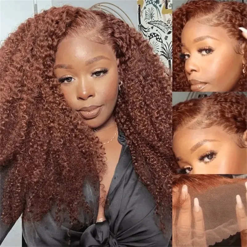 Human Hair Red Brown 13x4 Lace Front Kinky Curly Wig Pre-Plucked Hairline