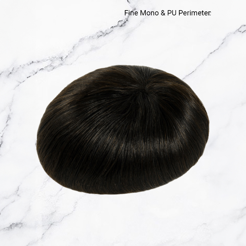 Human Hair Toupee Men Hair Pieces Replacement System Fine Mono with PU #1B