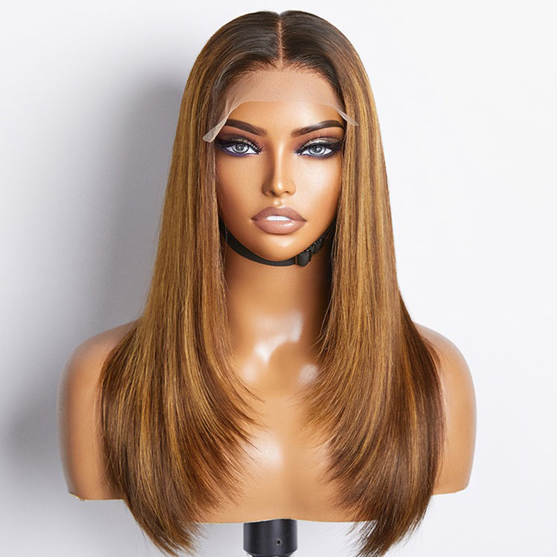 Layered Cut Brown Mix Blonde Glueless 5x5 Closure Lace Wig Pre-plucked