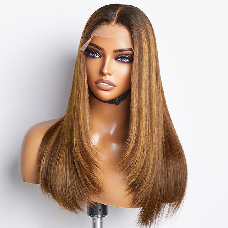 Layered Cut Brown Mix Blonde Glueless 5x5 Closure Lace Wig Pre-plucked