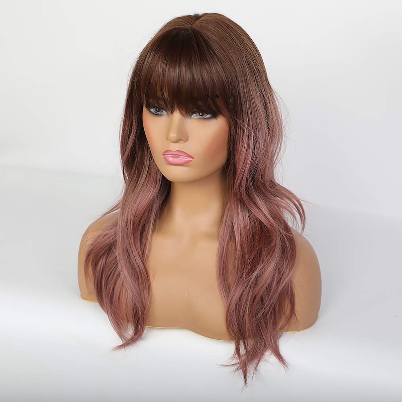 Long Wavy Wigs with Bangs Purple Pink Natural Curly Synthetic Ombre Wigs