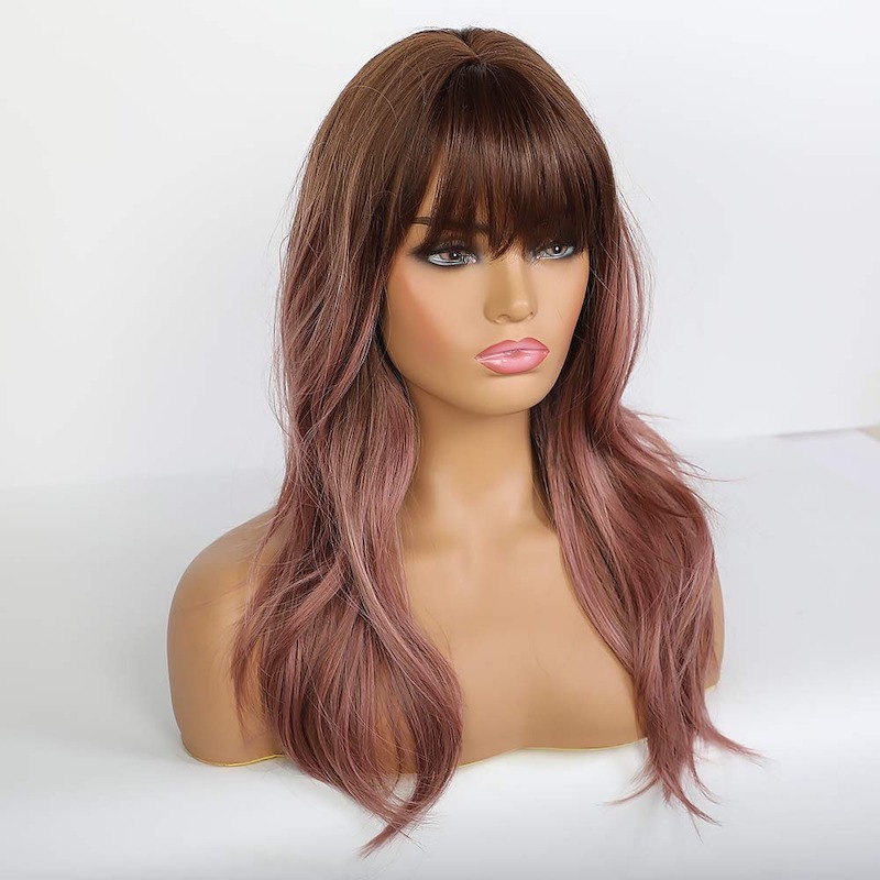 Long Wavy Wigs with Bangs Purple Pink Natural Curly Synthetic Ombre Wigs