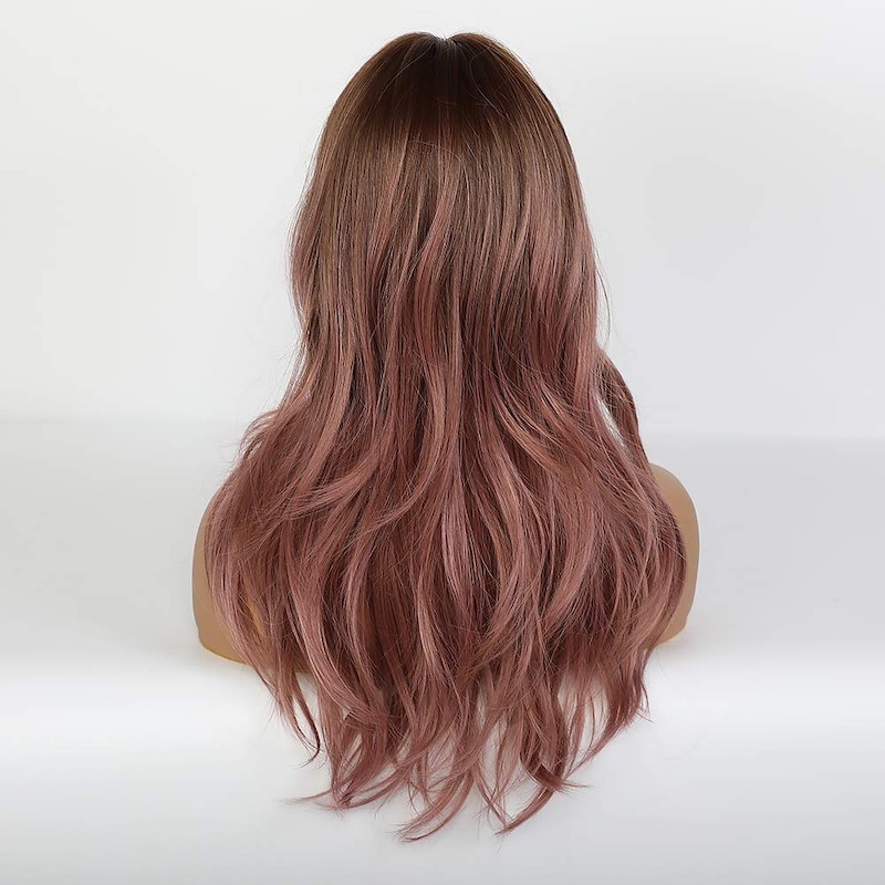Long Wavy Wigs with Bangs Purple Pink Natural Curly Synthetic Ombre Wigs