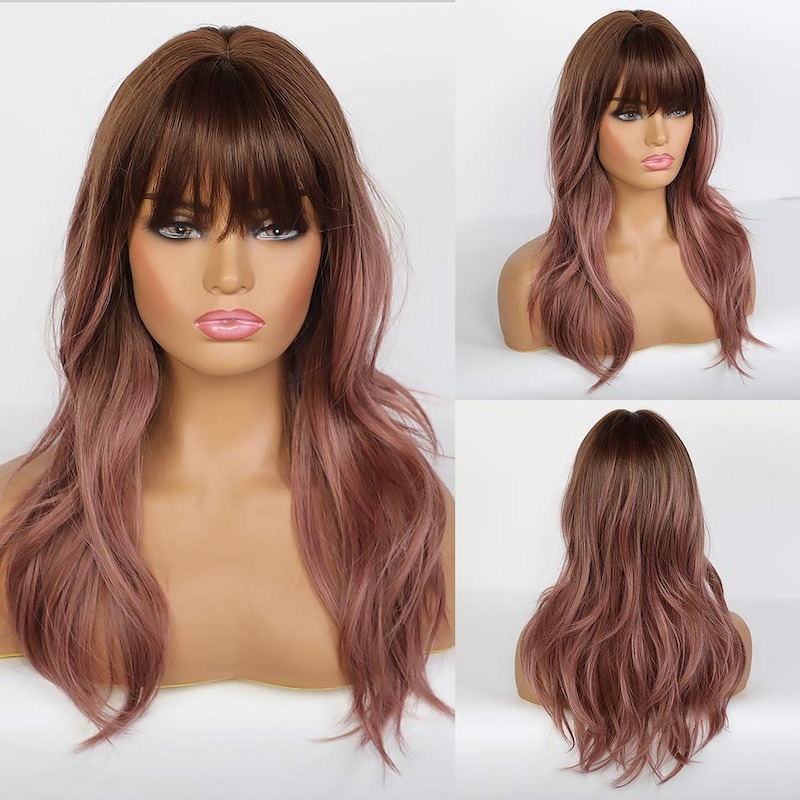 Long Wavy Wigs with Bangs Purple Pink Natural Curly Synthetic Ombre Wigs