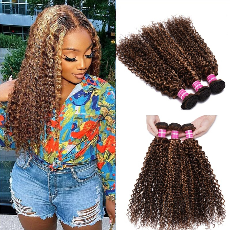 Hair Bundles Honey Blonde Highlight Curly 3 Bundles Human Hair Weave