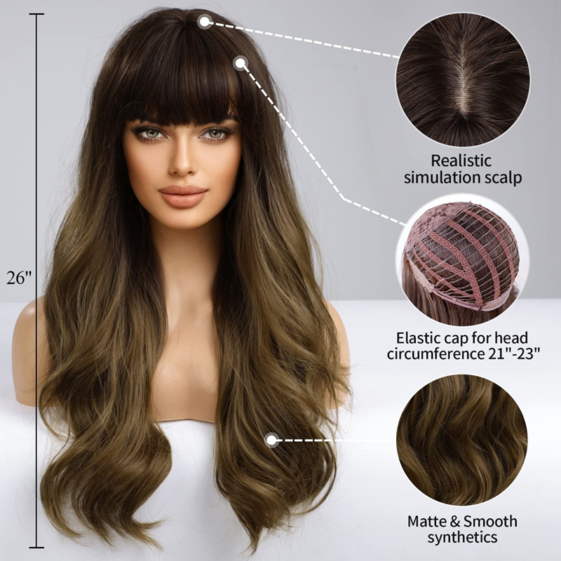 Ombre Brown Long Curly Wigs with Bangs Synthetic Wigs Soft Natural Looking