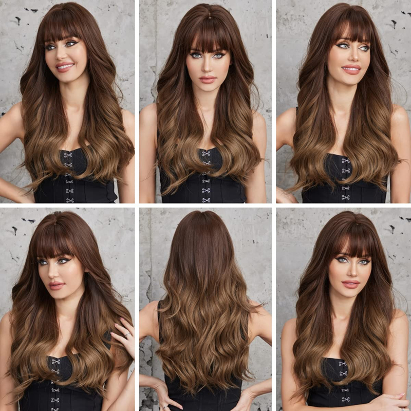Ombre Brown Long Curly Wigs with Bangs Synthetic Wigs Soft Natural Looking