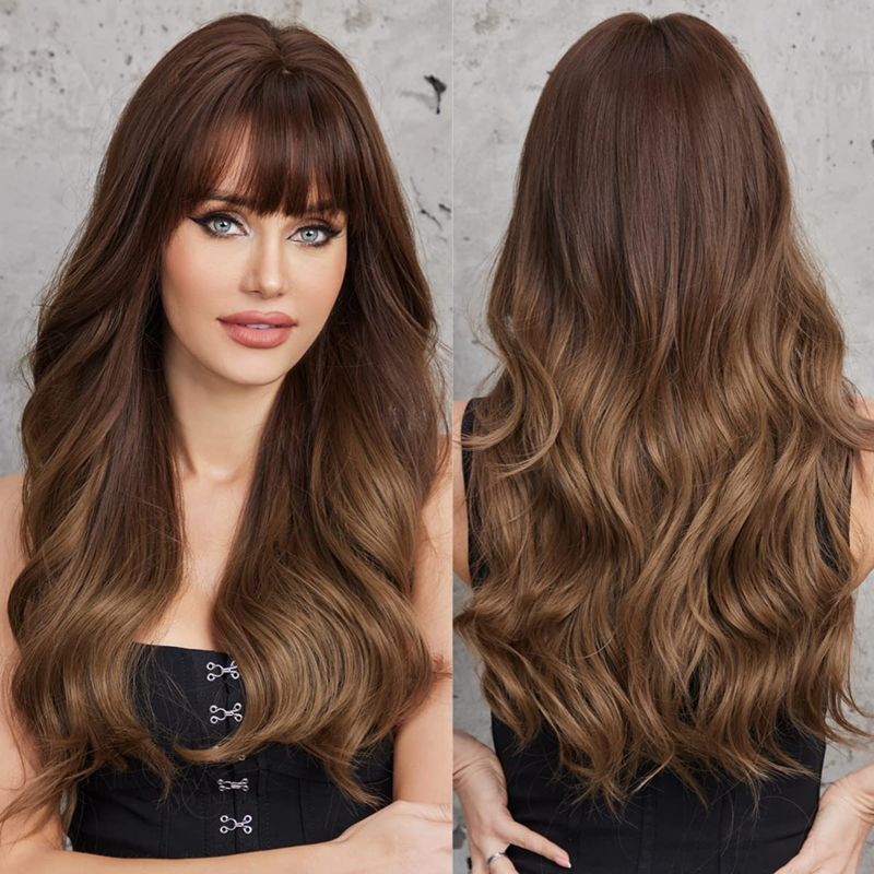 Ombre Brown Long Curly Wigs with Bangs Synthetic Wigs Soft Natural Looking
