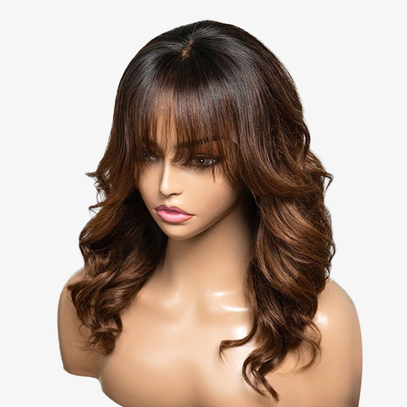 Ombre Chestnut Brown Layered Curtain Bangs Wavy 13x4 Lace Frontal Wig