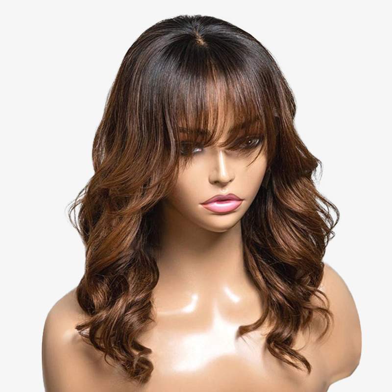 Ombre Chestnut Brown Layered Curtain Bangs Wavy 13x4 Lace Frontal Wig