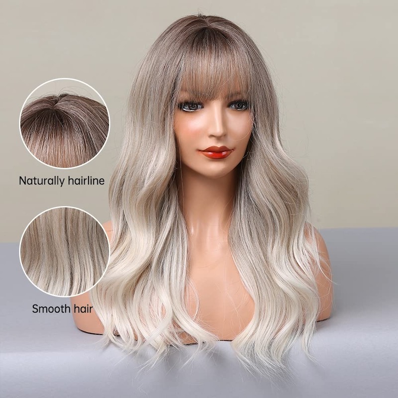 Ombre Gray Blonde Wave Wig with Bangs Dark Roots Synthetic Curly Wig