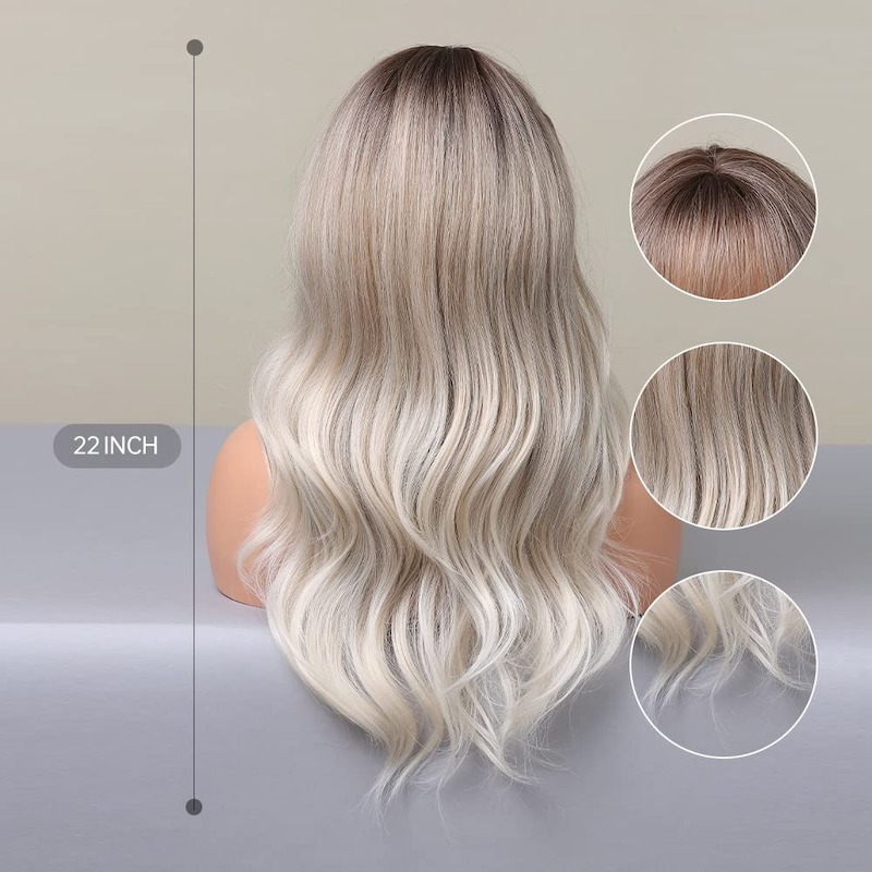 Ombre Gray Blonde Wave Wig with Bangs Dark Roots Synthetic Curly Wig