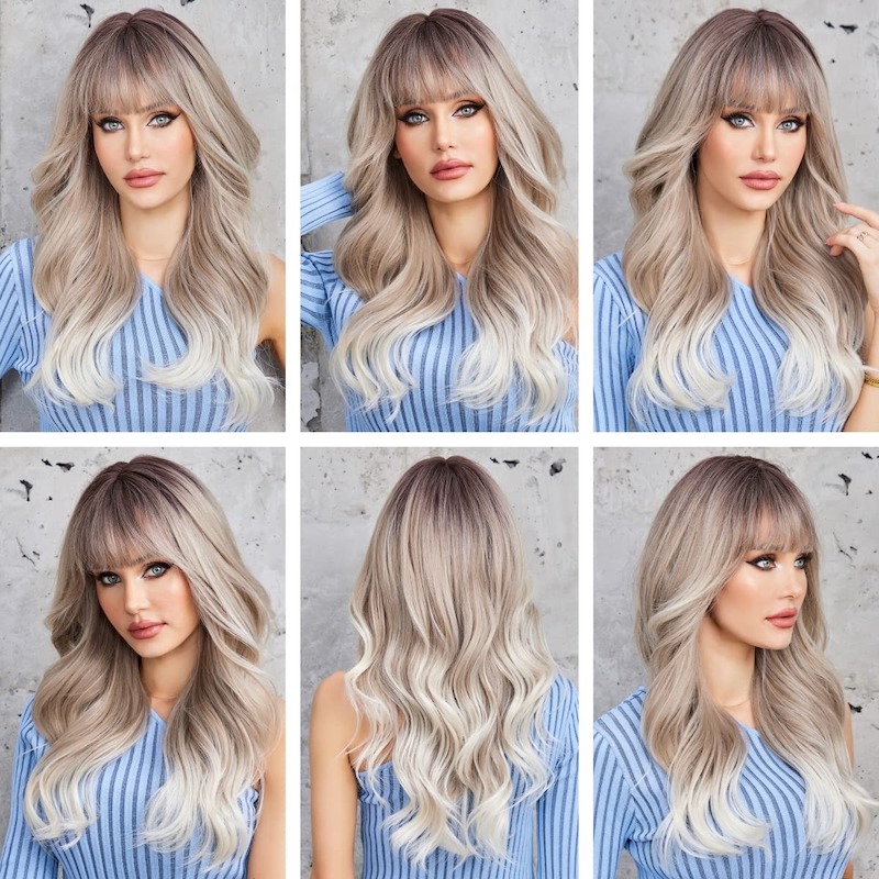 Ombre Gray Blonde Wave Wig with Bangs Dark Roots Synthetic Curly Wig