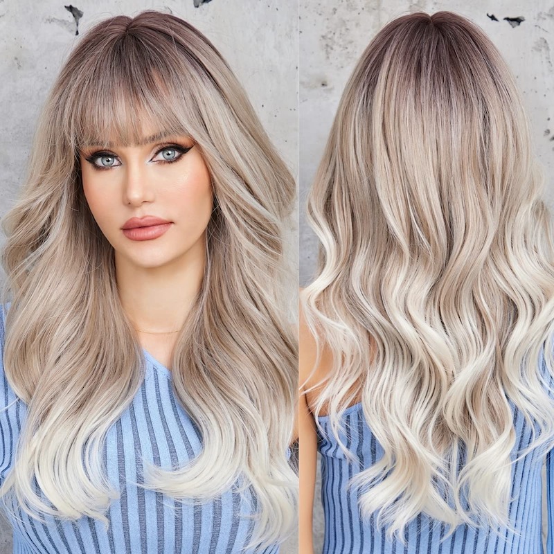 Ombre Gray Blonde Wave Wig with Bangs Dark Roots Synthetic Curly Wig