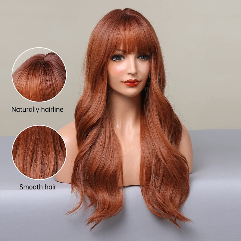 Orange Brown Synthetic Wigs Natural Wavy Wig with Bangs Strawberry Blonde