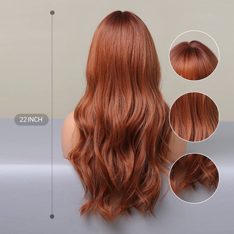 Orange Brown Synthetic Wigs Natural Wavy Wig with Bangs Strawberry Blonde