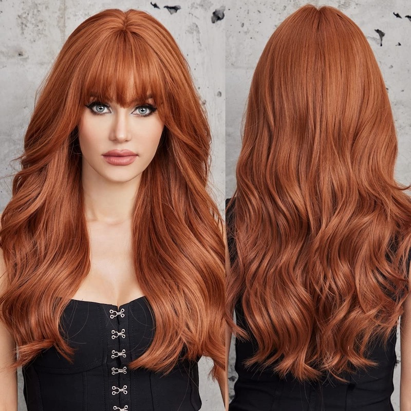 Orange Brown Synthetic Wigs Natural Wavy Wig with Bangs Strawberry Blonde