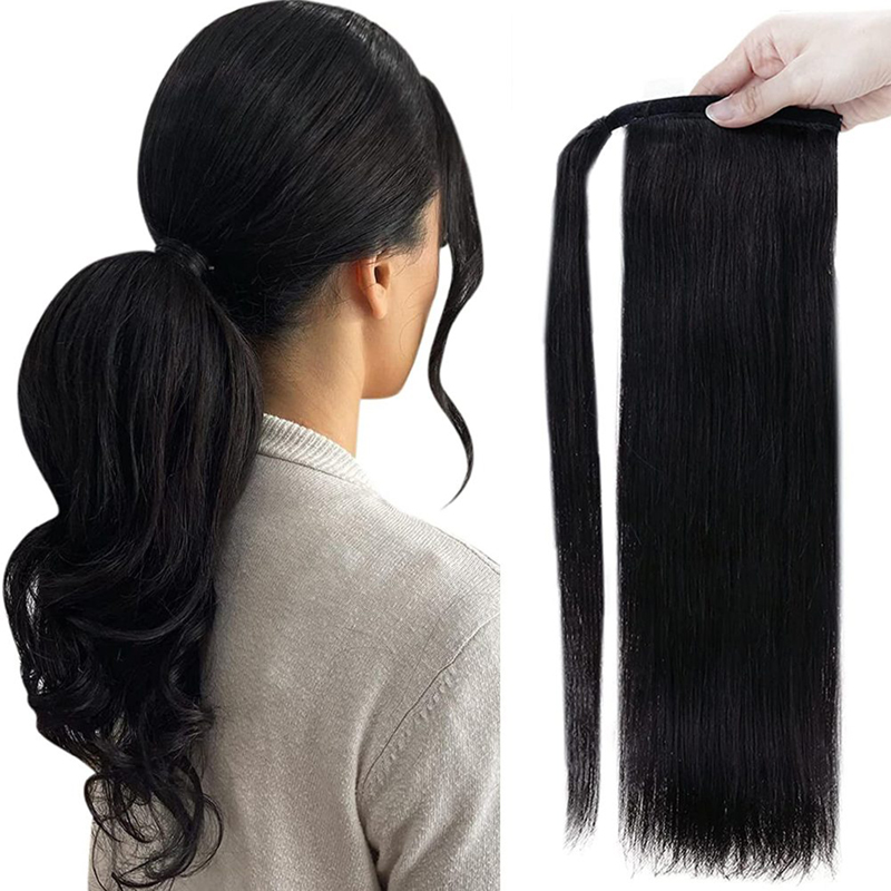 Ponytail Extension Human Hair Wrap Around Clip in Ponytail 100g #1 Jet Black