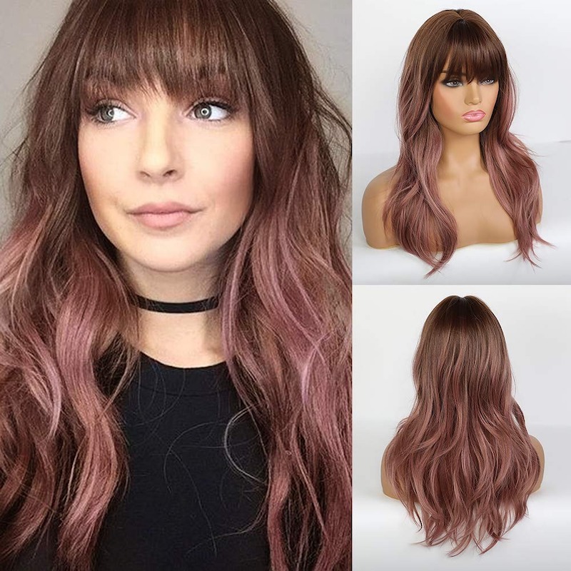 Purple Pink Wavy Wigs with Bangs Natural Curly Synthetic Ombre Wigs