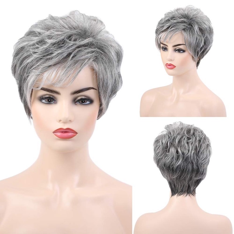 Salt and Pepper Synthetic Wigs for Women Pixie Cut Wig With Bang